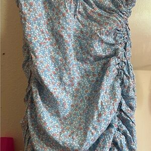 Floral Ruched Blue Mini Dress